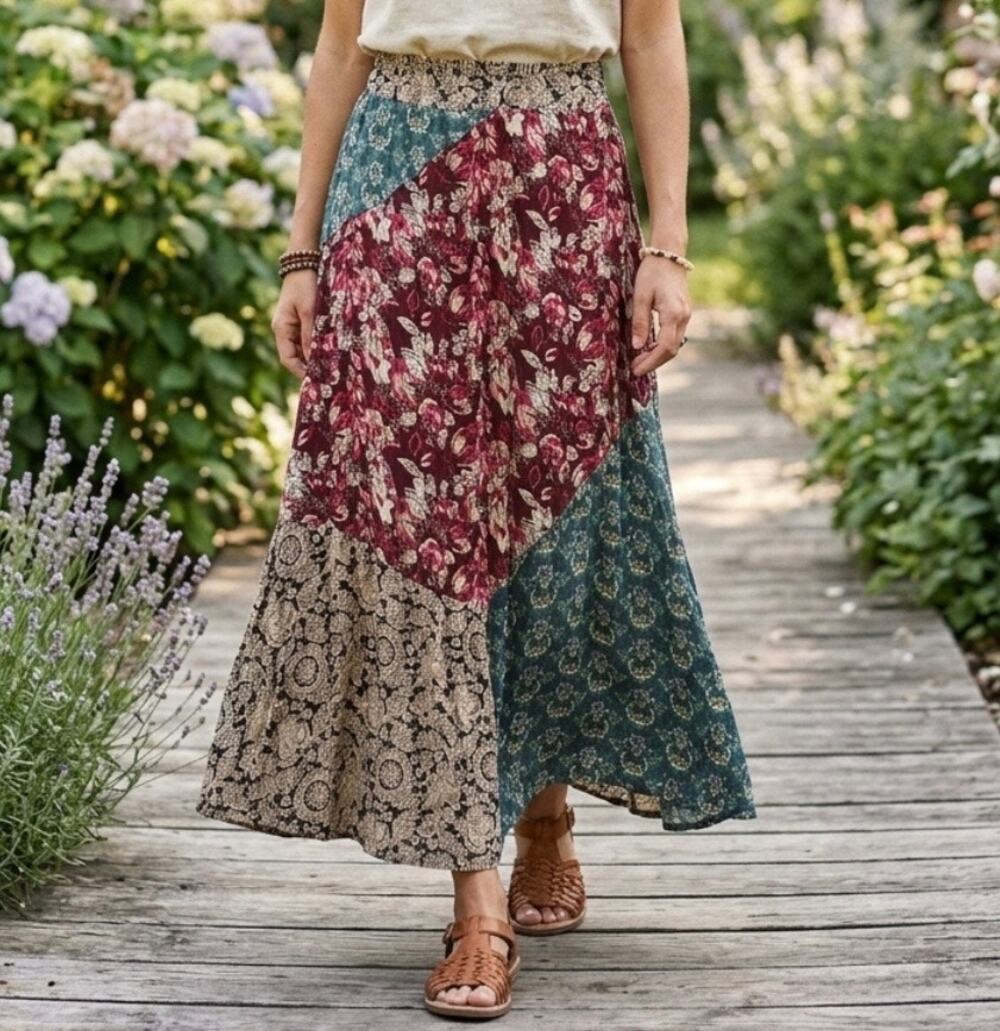 Natural Life Patchwork MaxiSkirt Floral Boho Hippie Flowy festival cottage indie